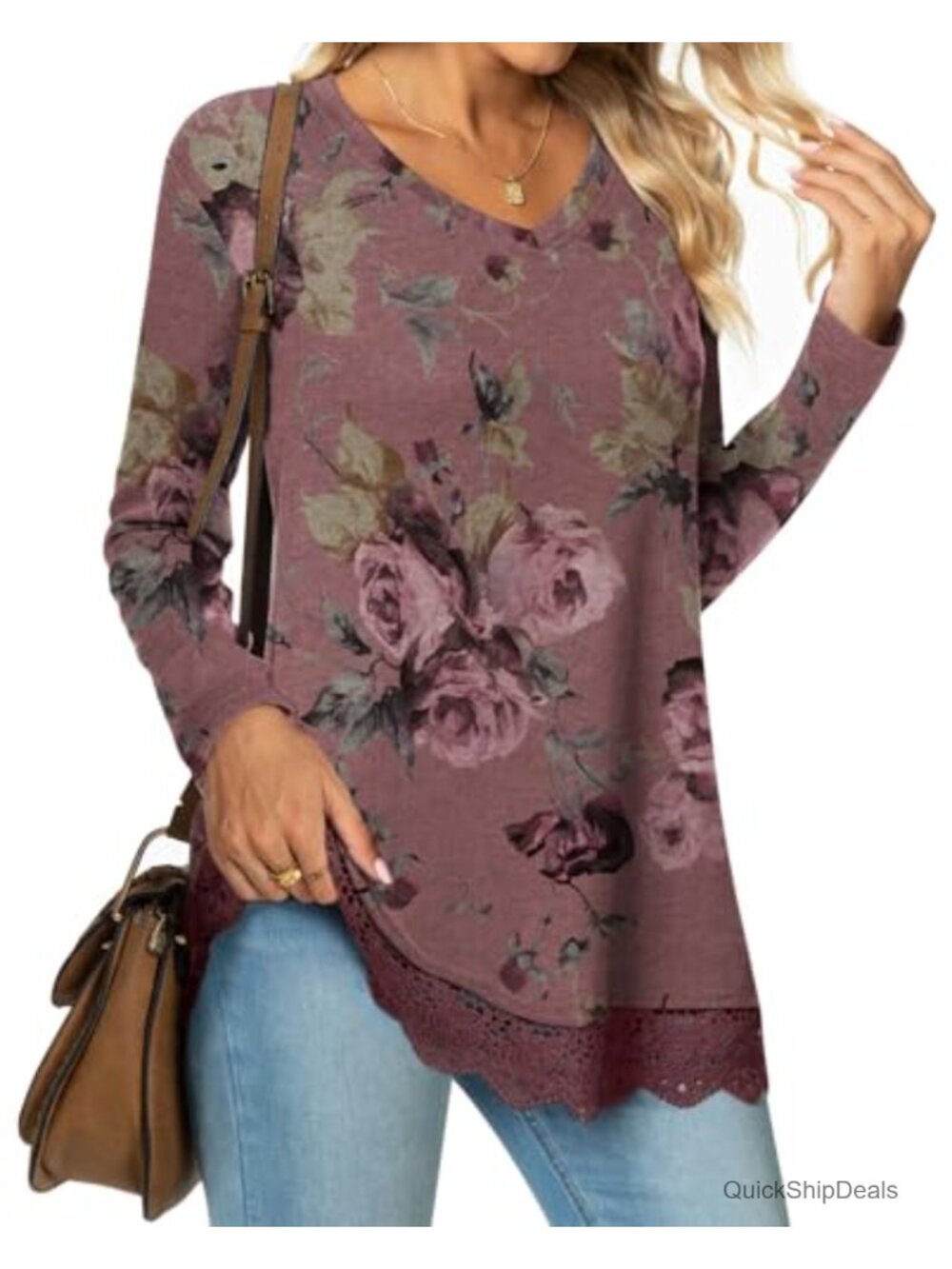 Lace Trim Long Sleeve Tunic Tops Loose Fit Dressy Casual Blouse